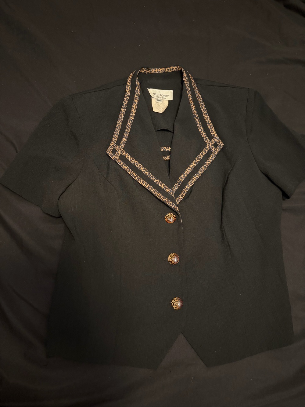 Women’s Black Short Sleeve Jacket with Leopard Trim